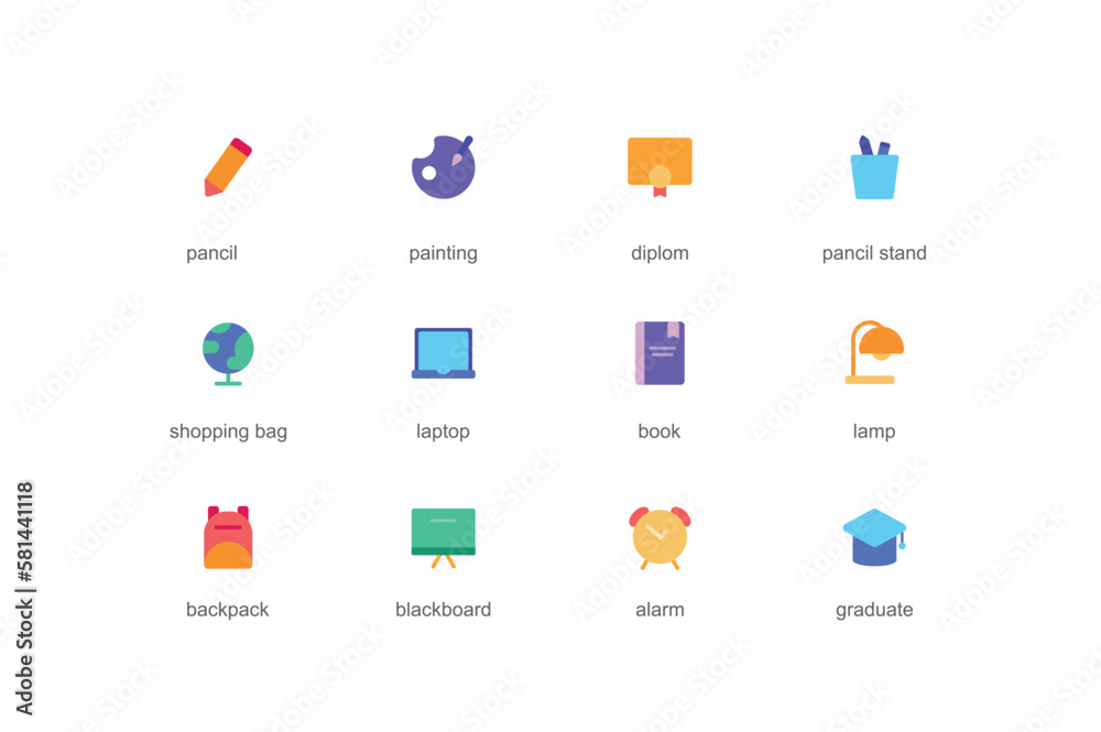 Education concept of web icons set in color flat design. Pack of pencil, painting, diploma, globe, laptop, book, lamp, backpack, blackboard, alarm, graduate and other. Vector pictograms for mobile app