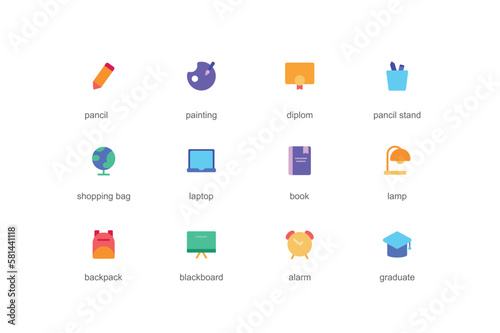 Education concept of web icons set in color flat design. Pack of pencil, painting, diploma, globe, laptop, book, lamp, backpack, blackboard, alarm, graduate and other. Vector pictograms for mobile app