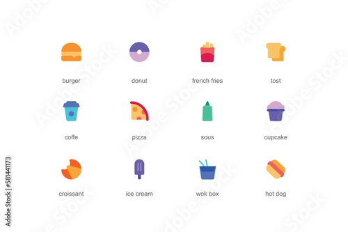 Fast food concept of web icons set in color flat design. Pack of burger, donut, french fries, coffee, pizza, sauce, cupcake, croissant, ice cream, wok box and other. Vector pictograms for mobile app