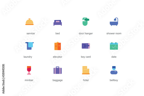 Hotel service concept of web icons set in color flat design. Pack of bed, door hanger, shower room, laundry, elevator, key card, date, mini bar, baggage and other. Vector pictograms for mobile app