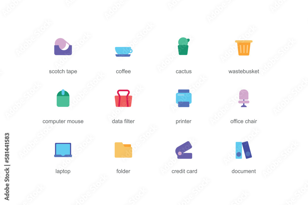 Office concept of web icons set in color flat design. Pack of scotch tape, coffee, cactus, computer mouse, bag, printer, chair, laptop, folder, credit card and other. Vector pictograms for mobile app