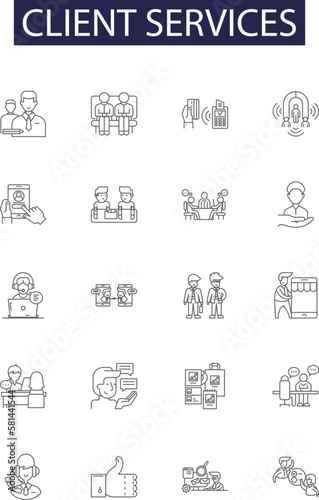 Client services line vector icons and signs. Services, Support, Assistance, Help, Representation, Advocacy, Counseling, Guidance outline vector illustration set
