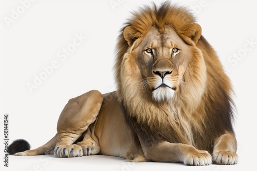 8 year old lion  Panthera leo  sitting in front of a white background. Generative AI