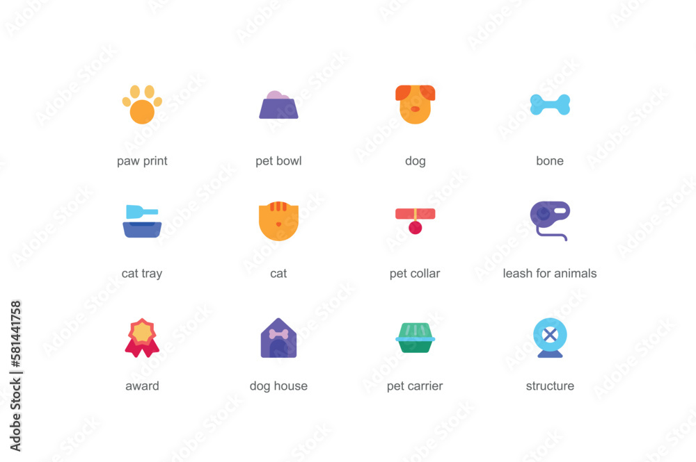 Naklejka premium Pet items concept of web icons set in color flat design. Pack of paw print, food bowl, dog, bone, cat tray, collar, leash for animal, award, house, carrier and other. Vector pictograms for mobile app
