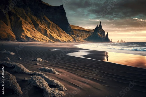 beaful evening landscape of sandy iceland beach and dark sharp cliffs, created with generative ai photo