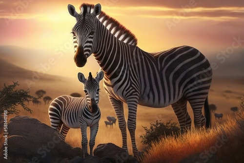While on safari  a mother zebra and her young calf may be seen grazing and grooming on a hill while the sun is setting. Generative AI