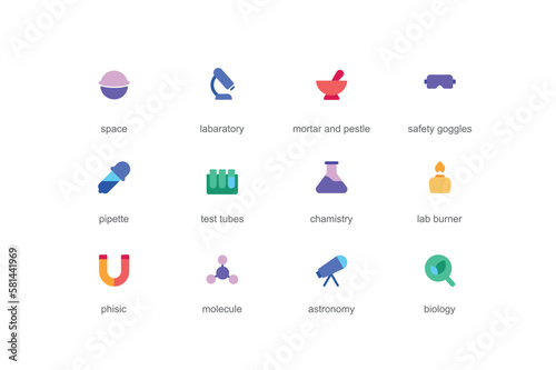 Science concept of web icons set in color flat design. Pack of space, laboratory, mortar and pestle, safety goggles, pipette, test tubes, chemistry, physics and other. Vector pictograms for mobile app