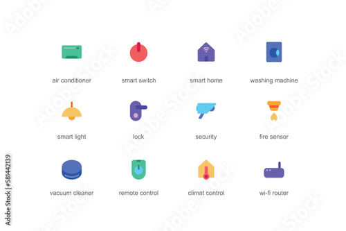 Smart home concept of web icons set in color flat design. Pack of air conditioner, washing machine, light, lock, security, fire sensor, vacuum cleaner and other. Vector pictograms for mobile app