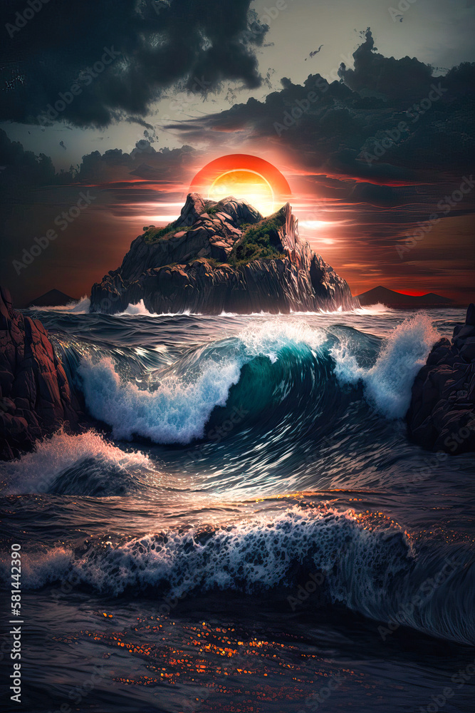 Naklejka premium Küste bei Sonnenaufgang/Sonnenuntergang, ki generated