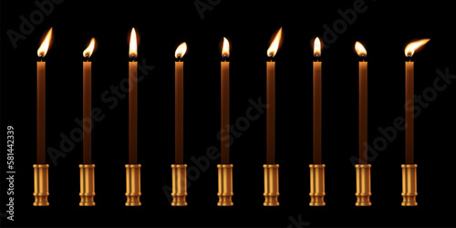 Church candles in gold candlesticks with flame on wicks set, 3D wax candles with stands