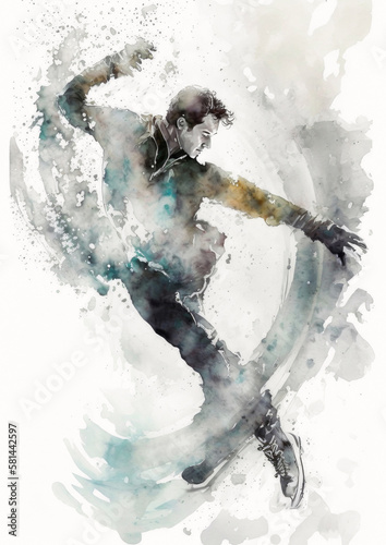 Male figure skater, watercolor painting, created with Generative AI technology.