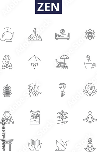 Zen line vector icons and signs. Focus, Clarity, Inner, Peace, Awareness, Mindful, Meditation, Bliss outline vector illustration set