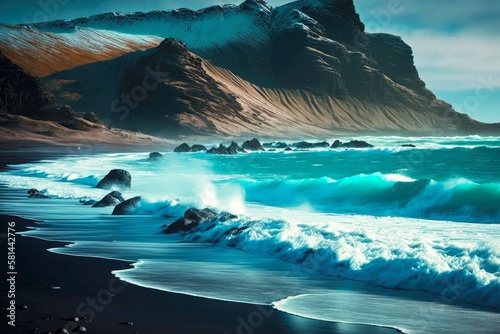 beaful turquoise ocean waves off desert iceland beach, created with generative ai photo