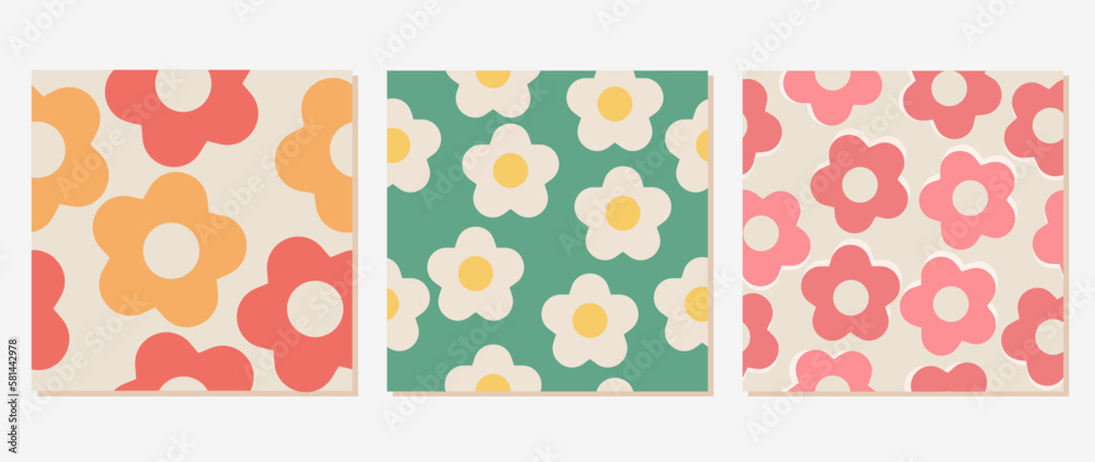 Vector flat set of three abstract square seamless patterns. Floral retro design of the 70s. Perfect for textile, cover, card, poster and screensaver.