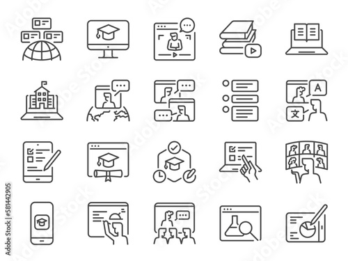 Online education icon set. It included icons such as class, learning, study, online school, webinar, and more.

