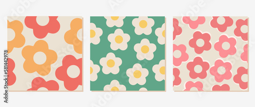 Vector flat set of three abstract square seamless patterns. Floral retro design of the 70s. Perfect for textile, cover, card, poster and screensaver.