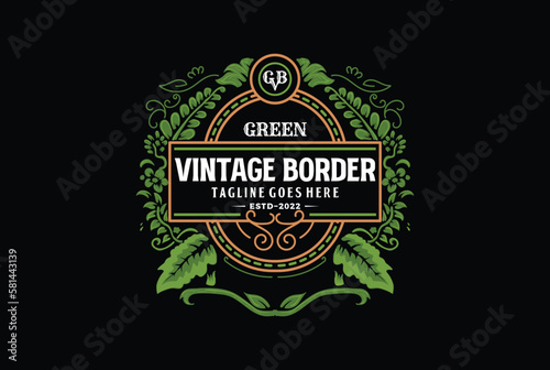 Nature Green Leaf Ornament Border Frame Royal Badge Emblem Stamp Label Logo Design Vector