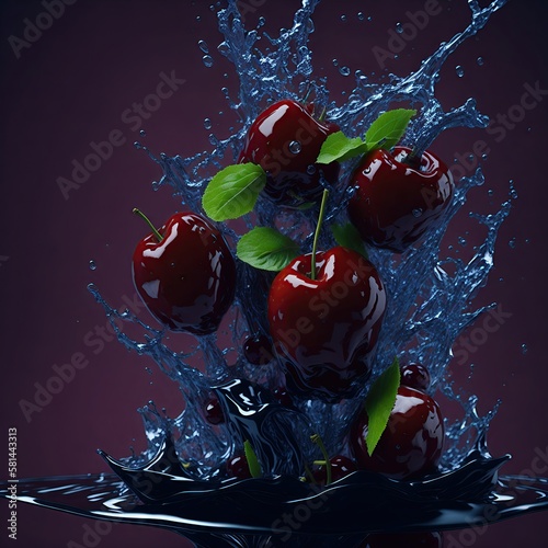Foto realistyczna ilustracja, wiśni wpadających do wody, SI