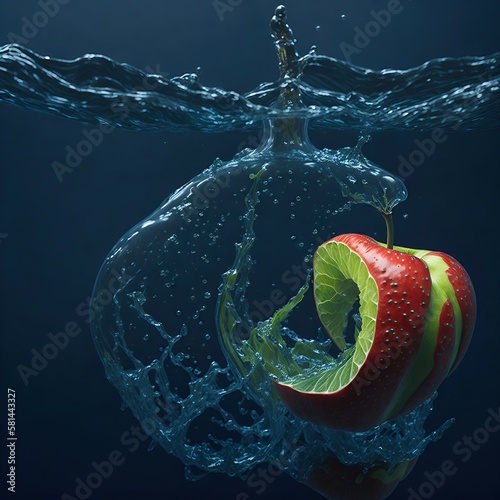 Foto realistyczna ilustracja, jabłka/cytrusa wpadającego do wody, SI