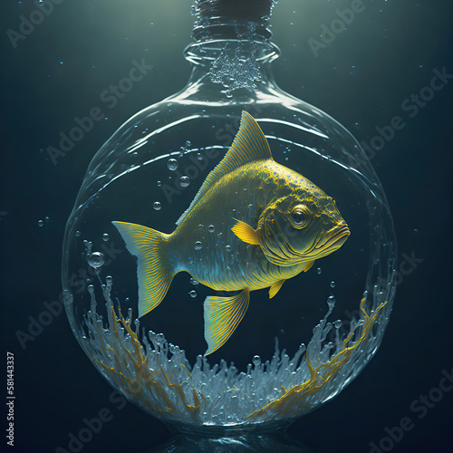 Foto realistyczna ilustracja złotej rybki zamkniętej w butelce, SI