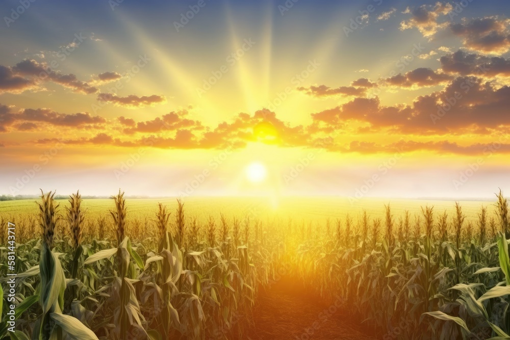 Beautiful morning sunrise over the corn field. Generative AI