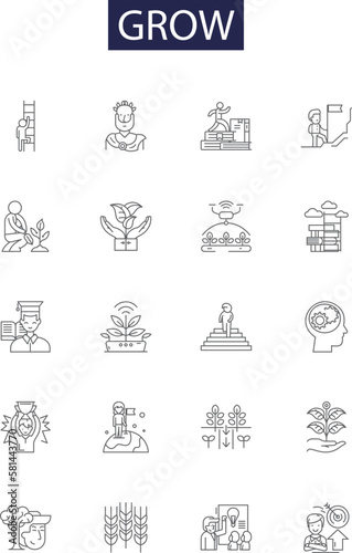 Grow line vector icons and signs. Strengthen, Cultivate, Progress, Generate, Increase, Boost, Improve, Elevate outline vector illustration set