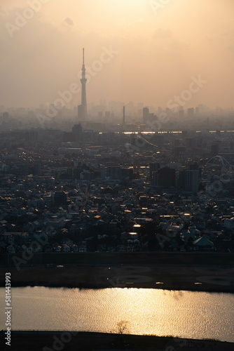 city skyline of Tokyo skytree  in fog at sunset