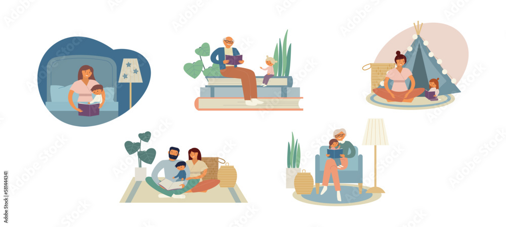 People read books with children in a free time. Mother and son, grandfather and granddaughter, family on the floor, granny and girl, daughter. Study and reading concepts. Vector illustration set