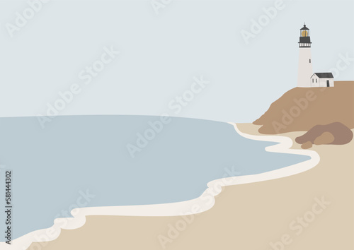 coastal landscape wall art prints, minimal beach poster clipart, beach background, printable vector lighthouse illustration, digital download print, sea wave images in flat style.
