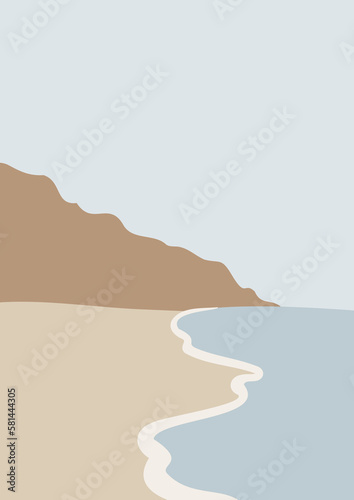 coastal landscape wall art prints, minimal beach poster clipart, beach background, printable vector lighthouse illustration, digital download print, sea wave images in flat style.