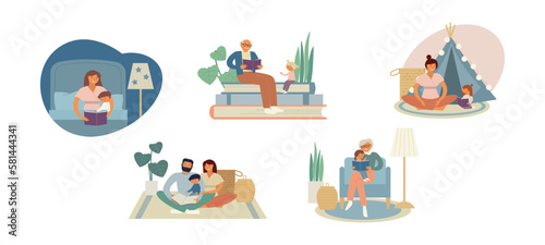 People read books with children in a free time. Mother and son, grandfather and granddaughter, family on the floor, granny and girl, daughter. Study and reading concepts. Vector illustration set