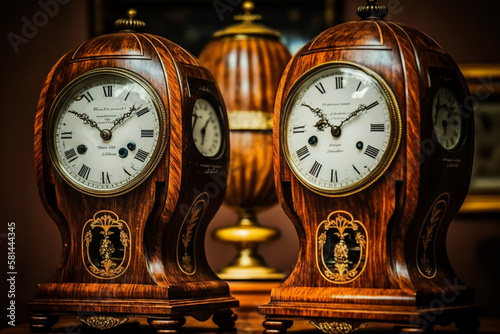 A set of antique clocks, representing the history of timekeeping