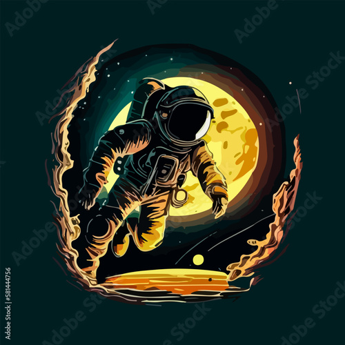 Astronaut landing on space background yellow moon illustration