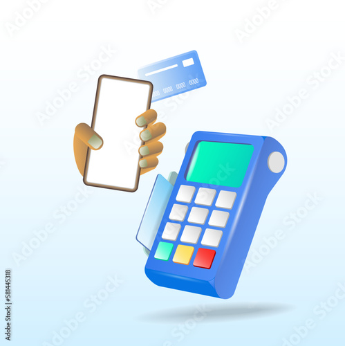 Payment terminal, a modern POS-bank payment device. A payment device with an NFC keyboard. A credit card reader. Vector 3D illustration of a contactless payment system.
