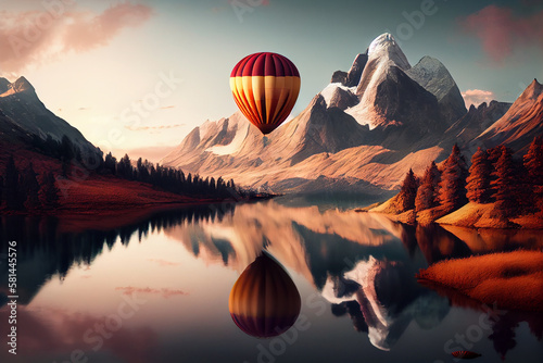 Mountain landscape with hot air balloon at dawn ,generative AI