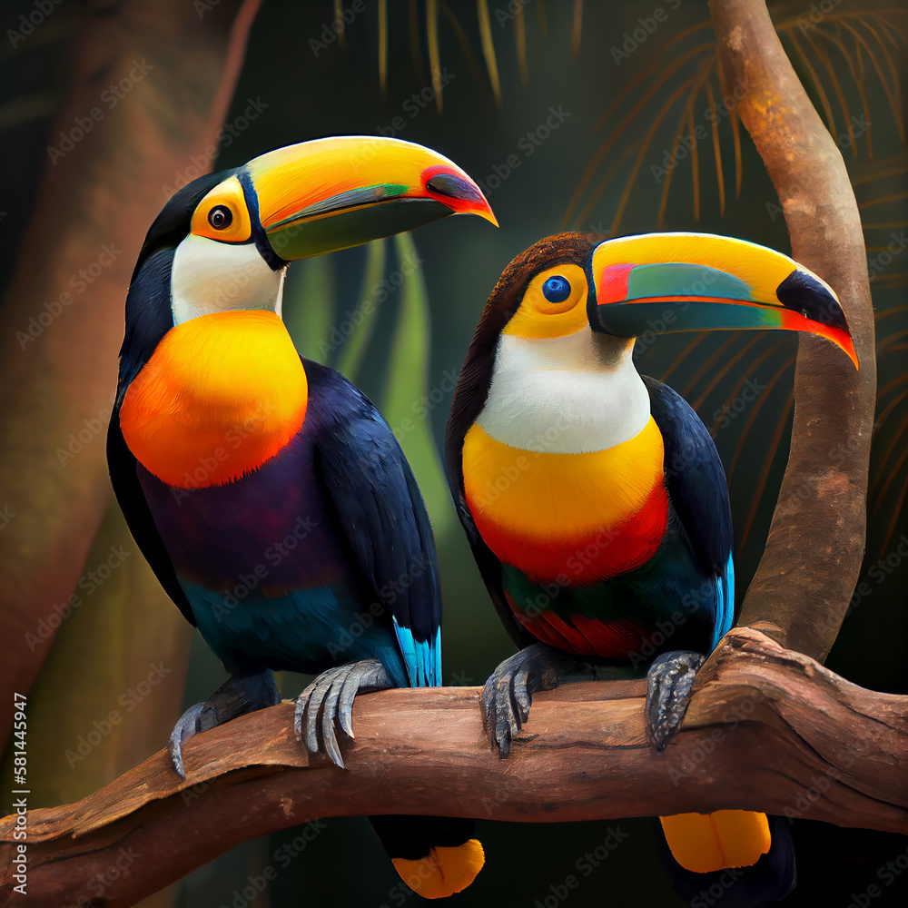 Fototapeta premium Multi colored toucan perched on branch ,generative AI