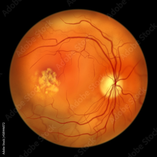 Best vitelliform macular dystrophy, Vitelleruptive stage, scrambled egg appearance, illustration photo