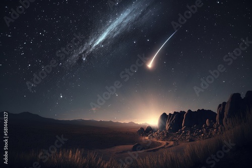 Shooting Star over Majestic Mountain Landscape - Nighttime Atrophotography