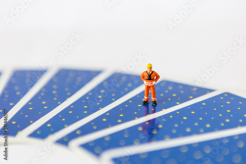 Miniature worker standing on tarot card with space on white background, Tarot reading work and career, fortune teller