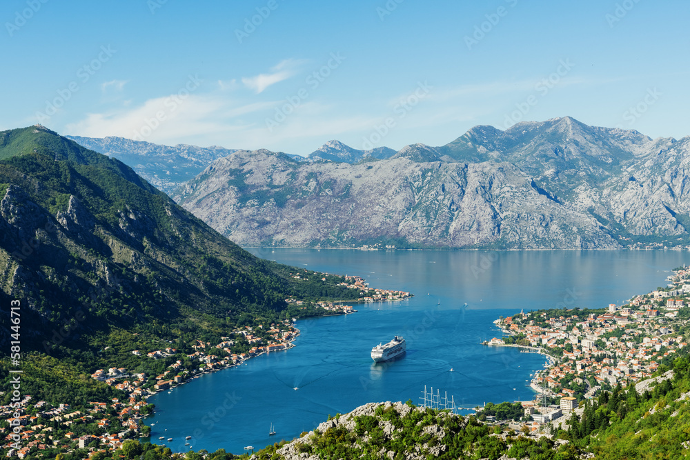 Kotor Bay from a height. A famous tourist place. Postcard photo