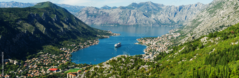 Banner size. Kotor Bay in sunny weather. Beautiful nature of the Balkans