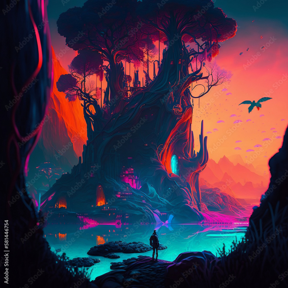 Generative AI Generative AI fantacy world landscape, trees, mountain Generative AI Generative AI fantacy world landscape, trees, mountain
