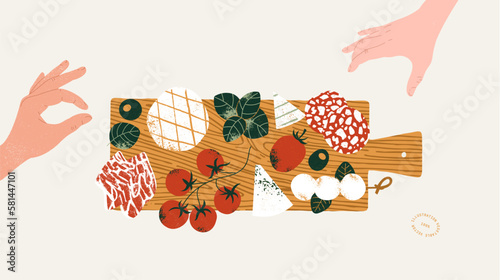 Two hands picking food from Charcuterie board. Assortment of wine appetizers. Vector illustration