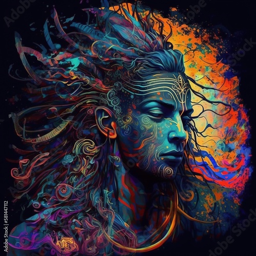Psychedelic illustration of Hindu religious god    Shiva   . Created using Generative AI