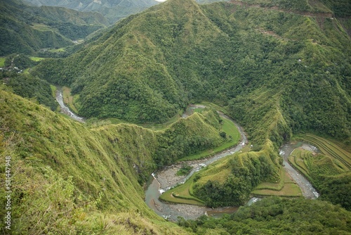 Epic view over the hilly landscape of Banaue in the Philippines  with the Snake River flowing through it.