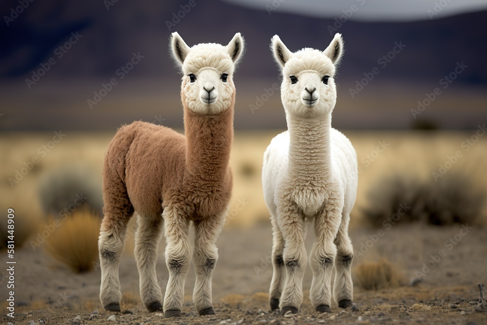Obraz premium Two baby alpacas, white and brown, standing in the field, AI generated