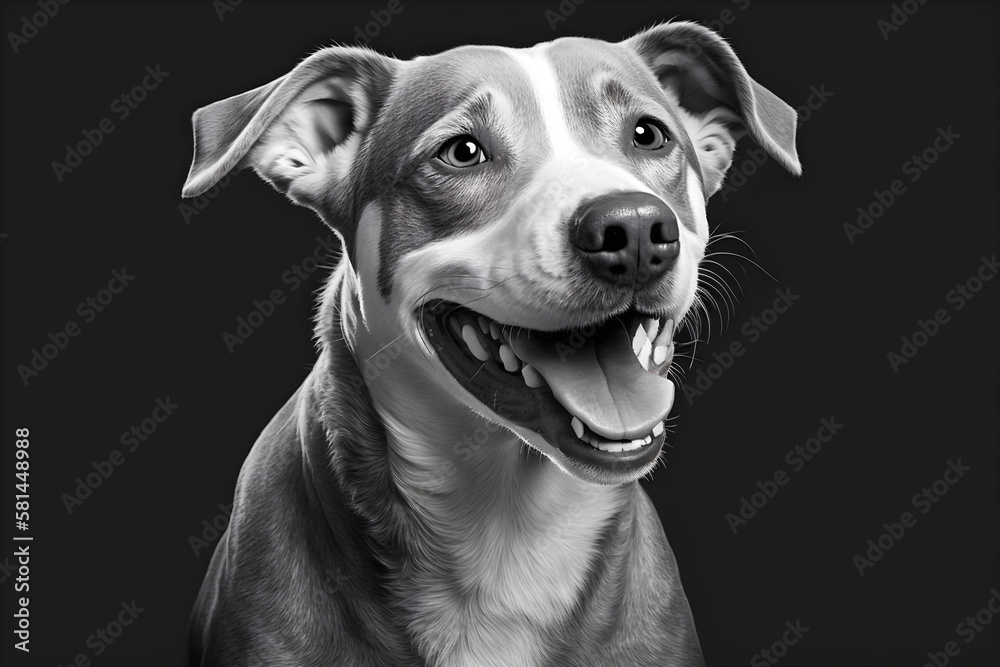 Black and white image of a smiling dog on a dark background. Generative AI content. Black and white image of a smiling dog on a dark background. Generative AI content.