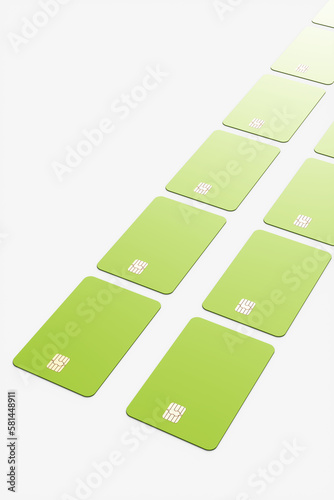 Close-up of a large group of green credit cards on a white background. 3d rendering illustration.