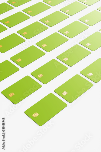 Close-up of a large group of green credit cards on a white background. 3d rendering illustration.