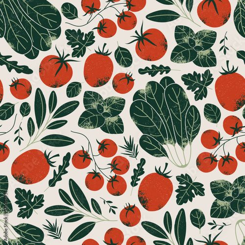 Tomatoes and greens seamless pattern. Garden food. Farm fresh organic vegetables background. Vector illustration